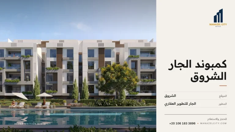 عمارات سكنية حديثة بواجهات بيضاء حول حمام سباحة كبير في كمبوند الجار الشروق