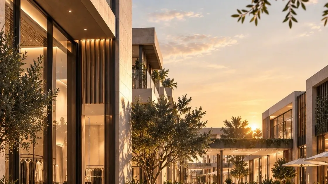 عمارات تاون سكوير الشروق وقت الغروب مع حمام السباحة والممرات المشجرة